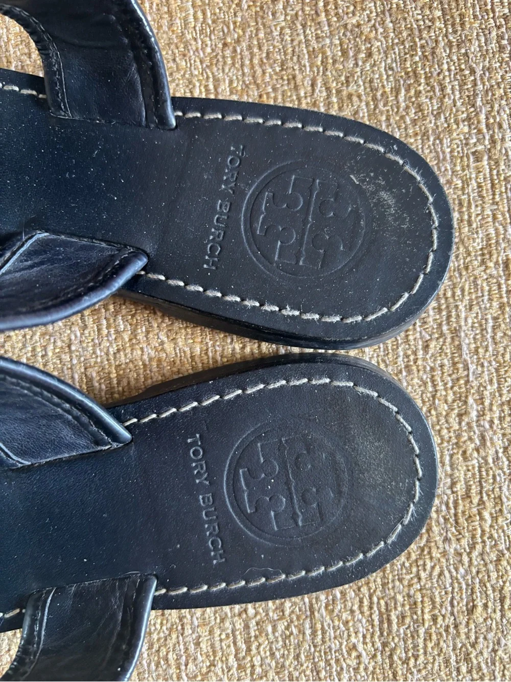 Tory Burch Navy blue and ivory thongs Laser-Cut Leather Toe-Post Sandals 8M